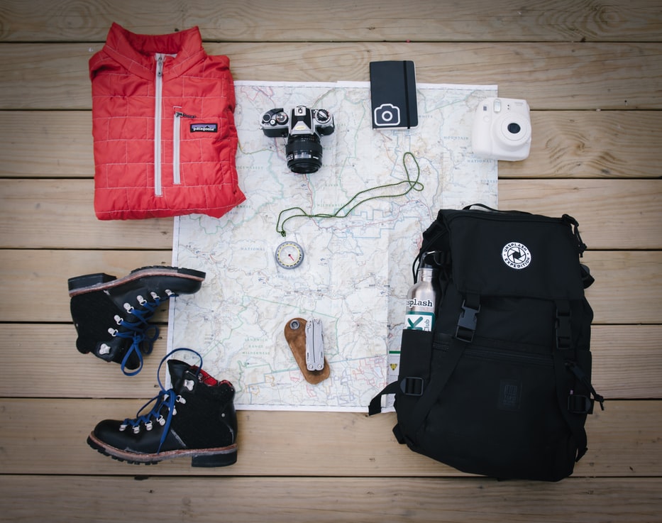 hiking gear laid out