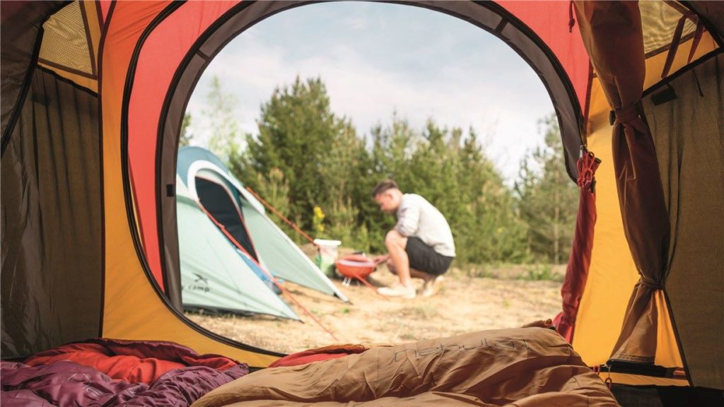 Easy camp Adventure Grill Orange view frm inside a tent