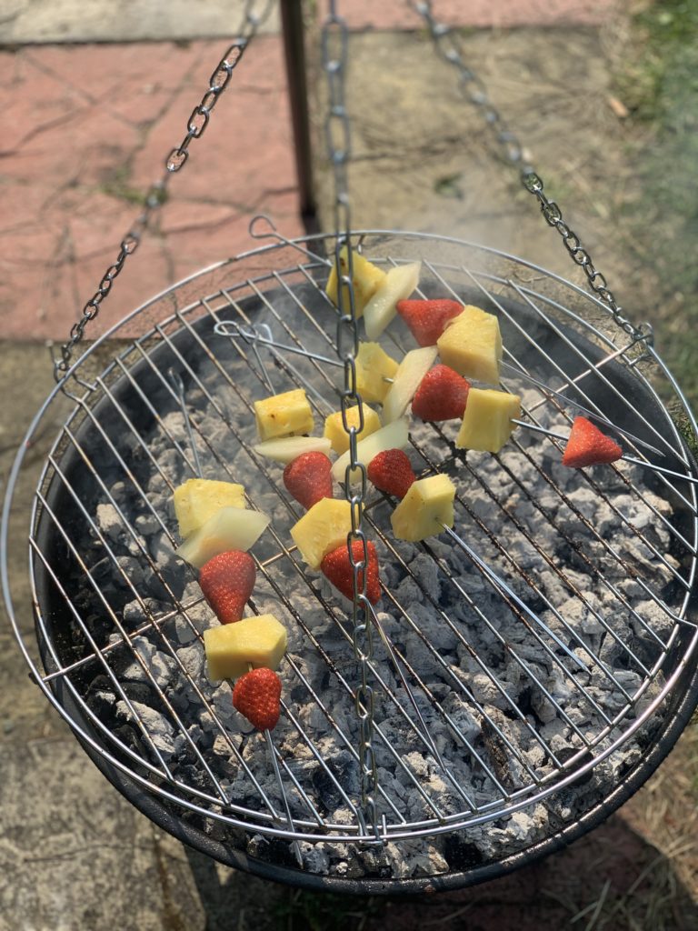 Chocolate and Fruit Skewers on BBQ close up