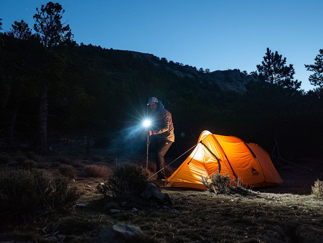  Some essential items to bring include a reliable flashlight or headlamp, extra batteries, a tent with reflective elements, and a camping lantern. Is it safe to set up a campsite in the dark? Yes, it can be safe if proper precautions are taken. Make sure to choose a well-lit area, have a light source with you, and be aware of any potential hazards in the surrounding environment. What are some tips for choosing a campsite at night? Look for a flat and even surface to pitch your tent, avoid areas with potential hazards such as rocks or roots, and try to set up near a water source and away from noisy areas. How can I quickly identify my campsite in the dark? Use reflective tape or markers on your tent, trees, or other objects to help you easily identify your campsite at night. You can also use a unique flag or windsock to mark your spot. Are there any special techniques for setting up a tent in the dark? Yes, it's helpful to practice setting up your tent during the day so you are familiar with the process. You can also use a headlamp or attach a light source to your tent to provide more visibility while setting it up. What should I do if I get lost while setting up a campsite in the dark? If you become disoriented or lost, stay calm and use your light source to help you find your way back to your campsite. It's also a good idea to have a map and compass on hand in case of emergencies.